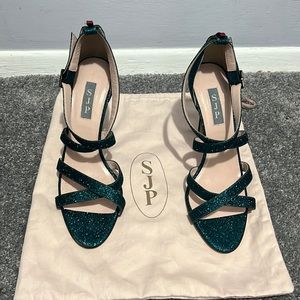 Sarah Jessica Parker stiletto 3 1/2” sparkle teal maroon back strap